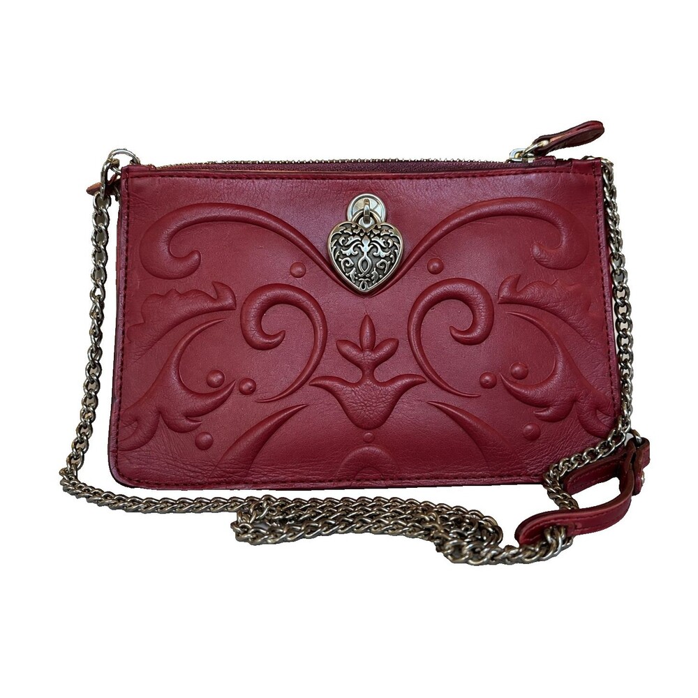 Brighton Ferrara Sangria Leather Wallet Chain Crossbody Bag Embossed Heart NWOT